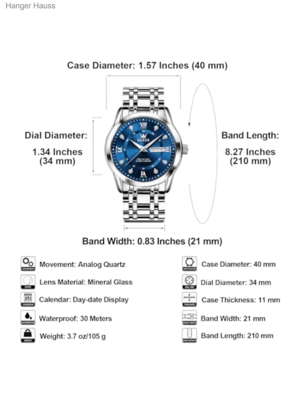 Men's Stainless Steel Watch Large Face Roman Numerals Diamond Accented Analog